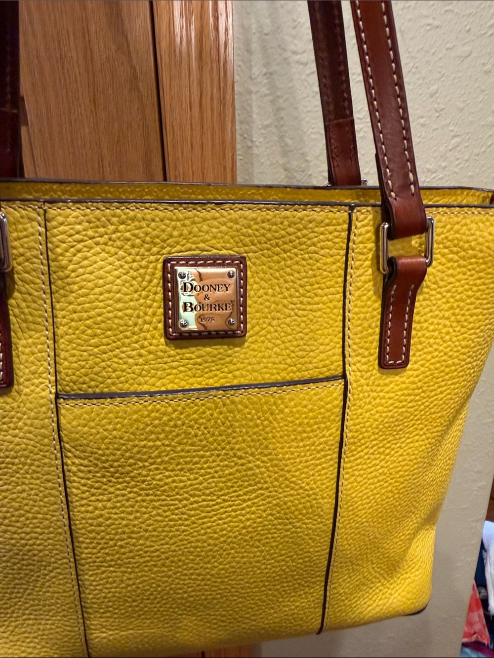 Dooney & Bourke Bright Yellow Pebbled Leather Tote with Brown Straps - Picture 2 of 9